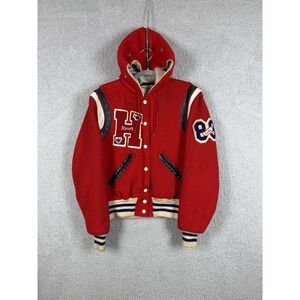 Vintage 80s DeLong Red Wool Varsity Letterman Jacket Hooded Youth 18‎ USA Made
